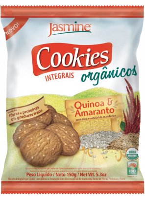 QUINOA E AMARANTO.png - Cookies Integrais Orgânicos Quinoa & AmarantoFonte de fibras e ferro;Contém proteínas com excelente perfil de aminoácidos e ácidos graxos do tipo ômega 3 e 6. Ingredientes: Farinha de trigo integral orgânica, farinha de trigo orgânica fortificada com ferro e ácido fólico, farinha de quinoa orgânica, gordura de palma orgânica, melado de cana orgânico, açúcar mascavo orgânico e demerara orgânico, quinoa em grãos orgânica, amaranto em flocos orgânico, fécula de mandioca orgânica, sal, agentes de crescimento (fosfato monocálcico, bicarbonato de sódio, bicarbonato de amônio), estabilizante natural lecitina de soja orgânica e óleo essencial de mandarina.Produto Orgânico certificado – 97% de ingredientes orgânicosCONTÉM GLÚTENDisponível na versão: 150g 